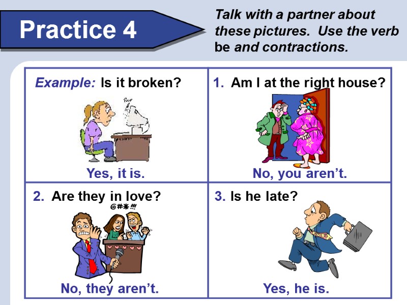 Practice 4 Talk with a partner about these pictures.  Use the verb be